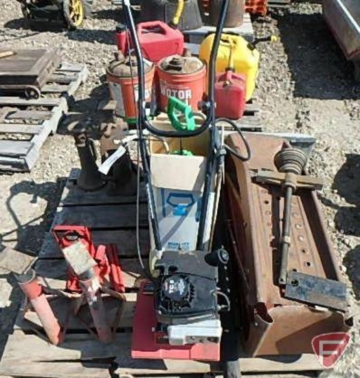 Murray 10in tiller, 2HP Tecumseh gas engine, 20 ton hydraulic bottle jack, jack stands,screw jack,