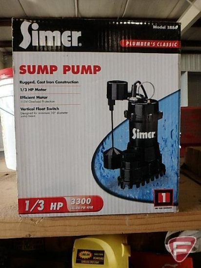 Simer Sump Pump, 1/3hp , 3300 gpm, appears new, model 3886