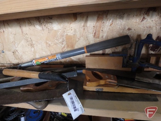 Loppers, square, level, miter box saw, hand saws