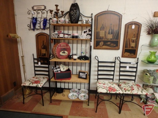 Black and white themed items, metal bakers rack with rattan shelves, 71inHx32inWx16iinD,