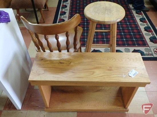 Wood bench, 20inHx32inWx11inD, wood chair and wood stool. All 3 items