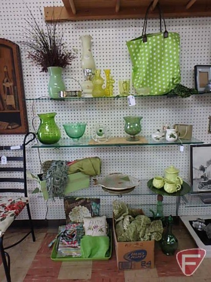 Green themed items, vintage electric table lamp, vases, candle holders, platters, bottles, fabric,