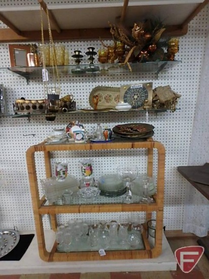 Amber colored and clear glass items, glasses, plates, stemware, candle holders, planters,