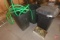 (3) trash cans, garden hose, and ratchet strap