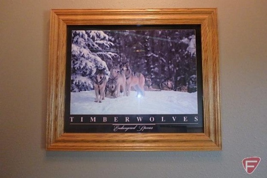 (3) framed inspirational pictures: golf, wolf, and cliff scene
