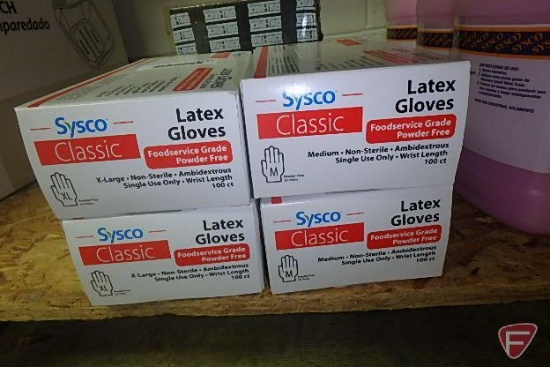 (4) Sysco Classic food service grade powder free latex gloves: (2) size XL and (2) size M