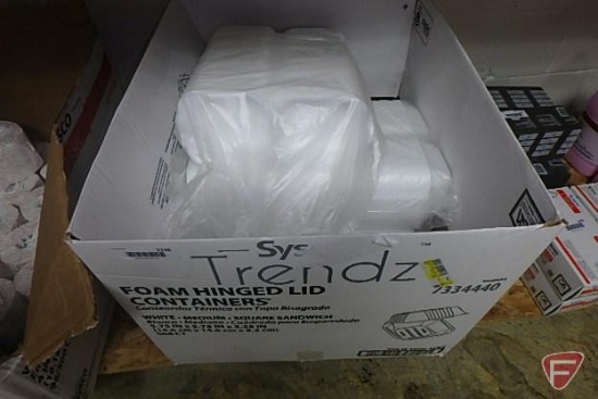Sysco Trendz foam hinged lid containers, white, medium, square sandwich