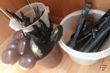 Plastic serving tongs and ladles, (3) containers