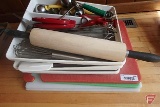 Kitchen utensils: rolling pin, (3) cutting boards, utensil holders, ice cream scoops, knives,