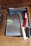 (4) knives, Eblund stainless steel knife holder, (3) honing stones, knife sharpener