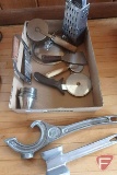 Kitchen utensils; pizza cutters, large can opener, cheese grater, meat tenturaizer, stainless