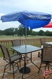 Patio table with glass top, (3) swivel chairs, blue vinyl umbrella with Bud Lite beer advertising