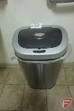 Nine Stars stainless steel automatic garbage can, framed picture, and 24in dia 29inH table