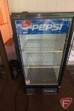 True Mfg beverage cooler with Pepsi advertising, glass door, 53-1/2inH
