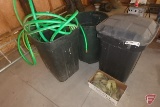 (3) trash cans, garden hose, and ratchet strap