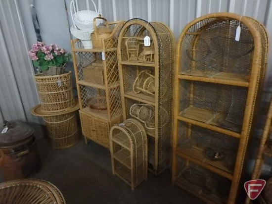 (2) wicker shelves, end table, and contents: baskets, doll chairs, and organizer