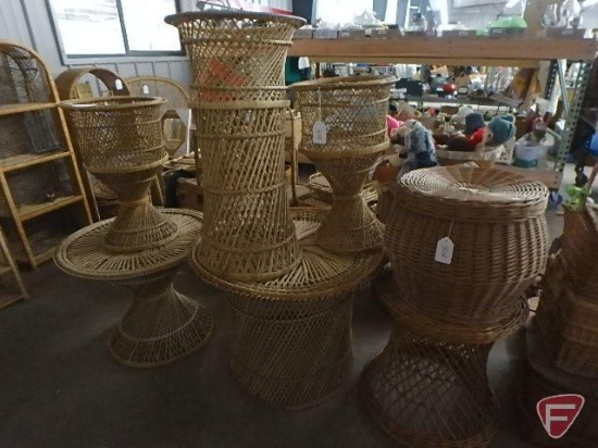 (3) wicker end tables, (3) wicker plant stands, and basket with lid