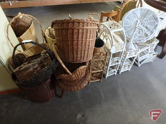 Wicker shelves, baskets, foot stool, and plant baskets