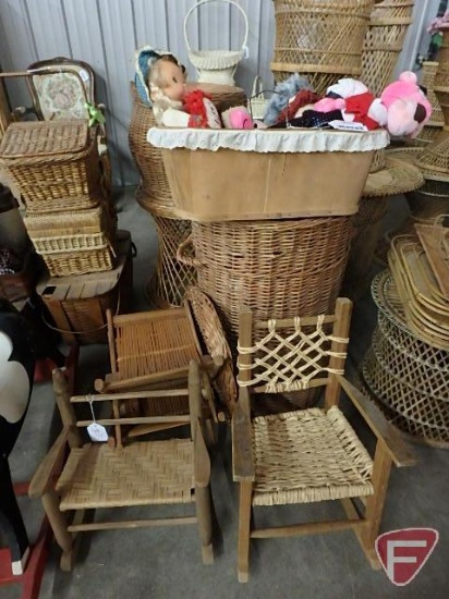 Wicker hamper, wicker and woven child's doll chairs, and soft toys
