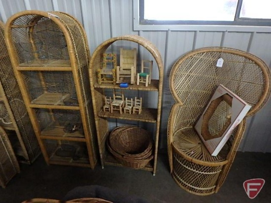 Wicker chair, framed mirror, (2) wicker shelves and contents: doll chairs, baskets, metal