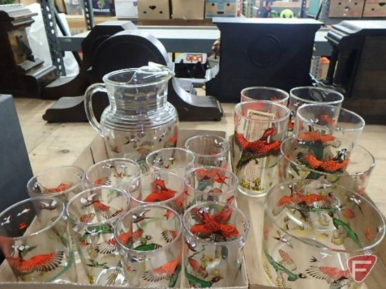 Glassware with pheasant design, pitcher, glasses, large tumblers, snack bowls, Both boxes