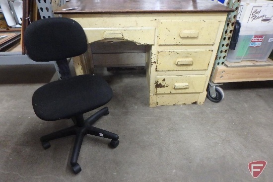 Painted yellow wood desk, 4 drawers, 31inHx44inWx25inD, and black office chair, Both