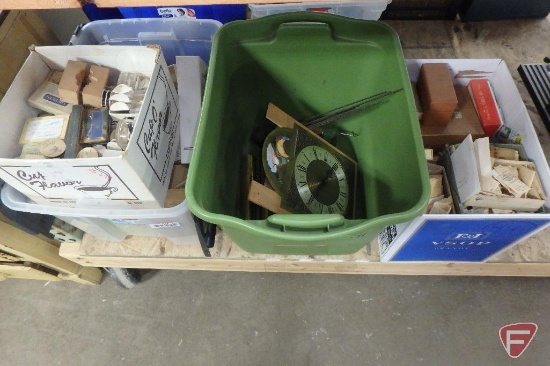 Assortment of watch and clock parts, (2) totes and one box