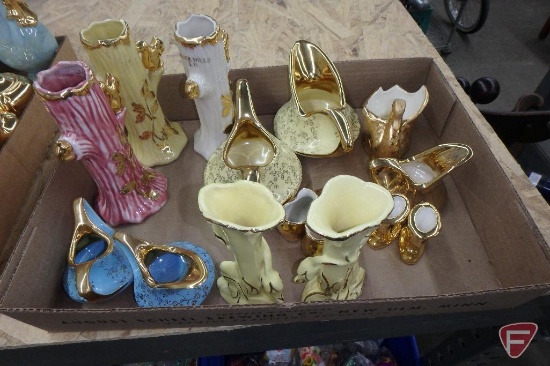 Ceramic items, most with 22k gold trim, vases, candle holders, cream/sugar, Pearl China Co