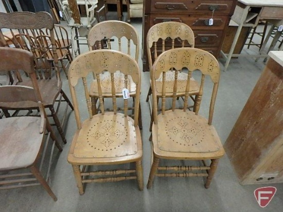 (4) wood chairs with nail head trim, one seat needs repair, All 4