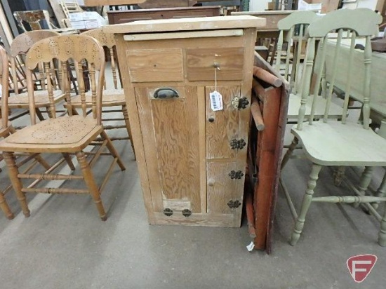 Wood cabinet, 2 drawers, 2 doors, one tilt out, 36inHx20inWx15inD needs repair and refinishing,