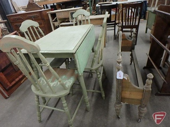 Painted green wood drop leaf table with (4) chairs, table is 20inx34in with leaves down,