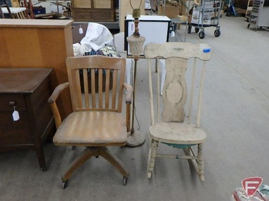 Wood desk chair on wheels, wood rocking chair, metal/glass/wood vintage floor lamp, All 3 pieces