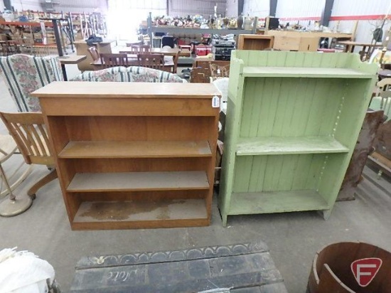 (2) wood book shelves, one painted green, 43inHx43inWx12inD and 53inHx36inWx10inD, Both