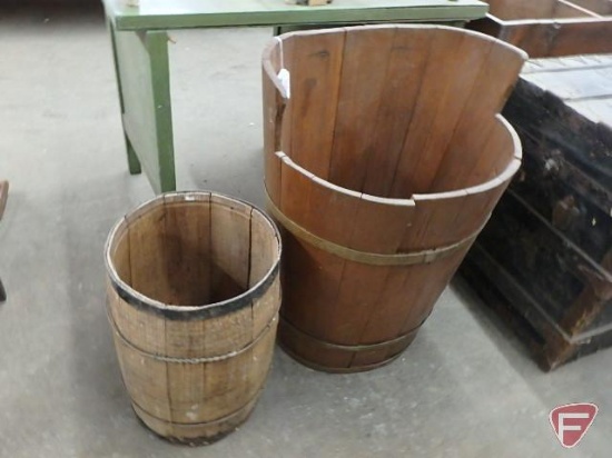 Wood barrel style container25inHx21inWx15inD and wood barrel 17inH, Both