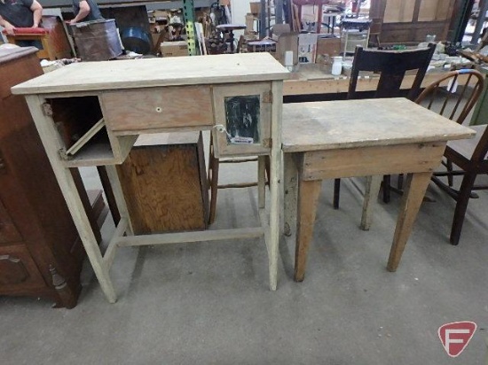 (2) painted wood tables, one with 2 glass doors and one drawer, 37inHx30inWx16inD, needs repair
