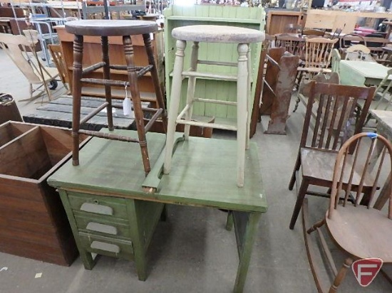 Painted green wood childs desk, 3 drawers, 26inHx36inWx20inD, needs repair, and