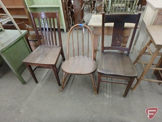 (2) wood chairs, not matching and wood rocking chair, All 3