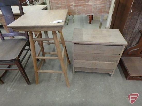 Square wood plant stand/table 30inHx16in and wood 3 drawer side table, needs repair, Both