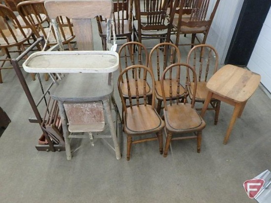 (5) wood childs chair matching, small wood table/plant stand, vintage wood high chair,