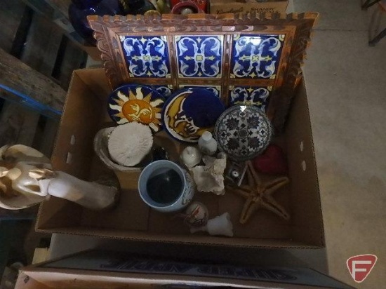 Metronome, table decorations, candle holders, tea pot, ceramic tile tray, ceramic trivets