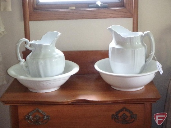 Ceramic pitchers and basins, not matching, Johnson Bros Royal Ironstone, Meller Taylor and Co,