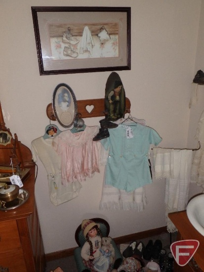 Vintage childrens items, clothing, shoes, dolls, hangers, framed prints, resin laying boy,