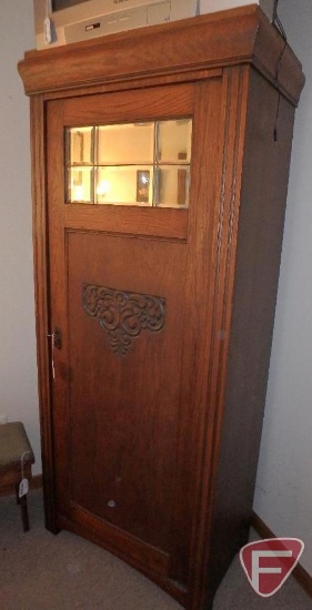 Vintage wood cabinet with mirror inset on door, lock does not work, 69inHx29inWx17inD,