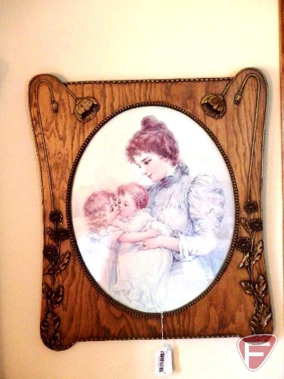 Vintage print of mother and children in wood ornate frame, 26inHx22inW