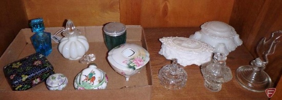 Glassware dresser items, trinket boxes, ring holder, perfume bottles, All on shelf