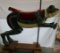 Wood carousel frog, mounted on pole on wood wheeled cart, 68inHx28inWx76inD
