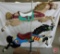 (2) wood carousel horses mounted on pole on wood wheeled cart, 68inHx24inWx60inD