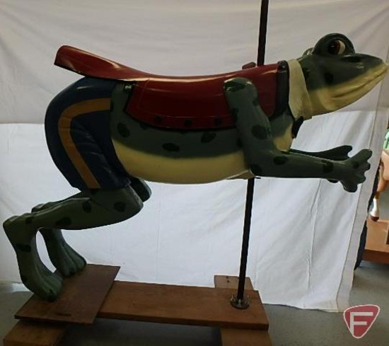 Wood carousel frog, mounted on pole on wood wheeled cart, 68inHx28inWx76inD