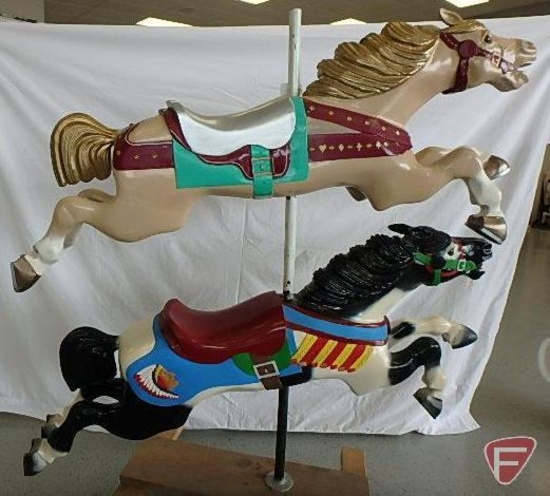 (2) wood carousel horses mounted on pole on wood wheeled cart, 68inHx24inWx60inD