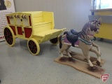 Wood stagecoach with two wood horses, stagecoach is 36inHx31inWx67inD